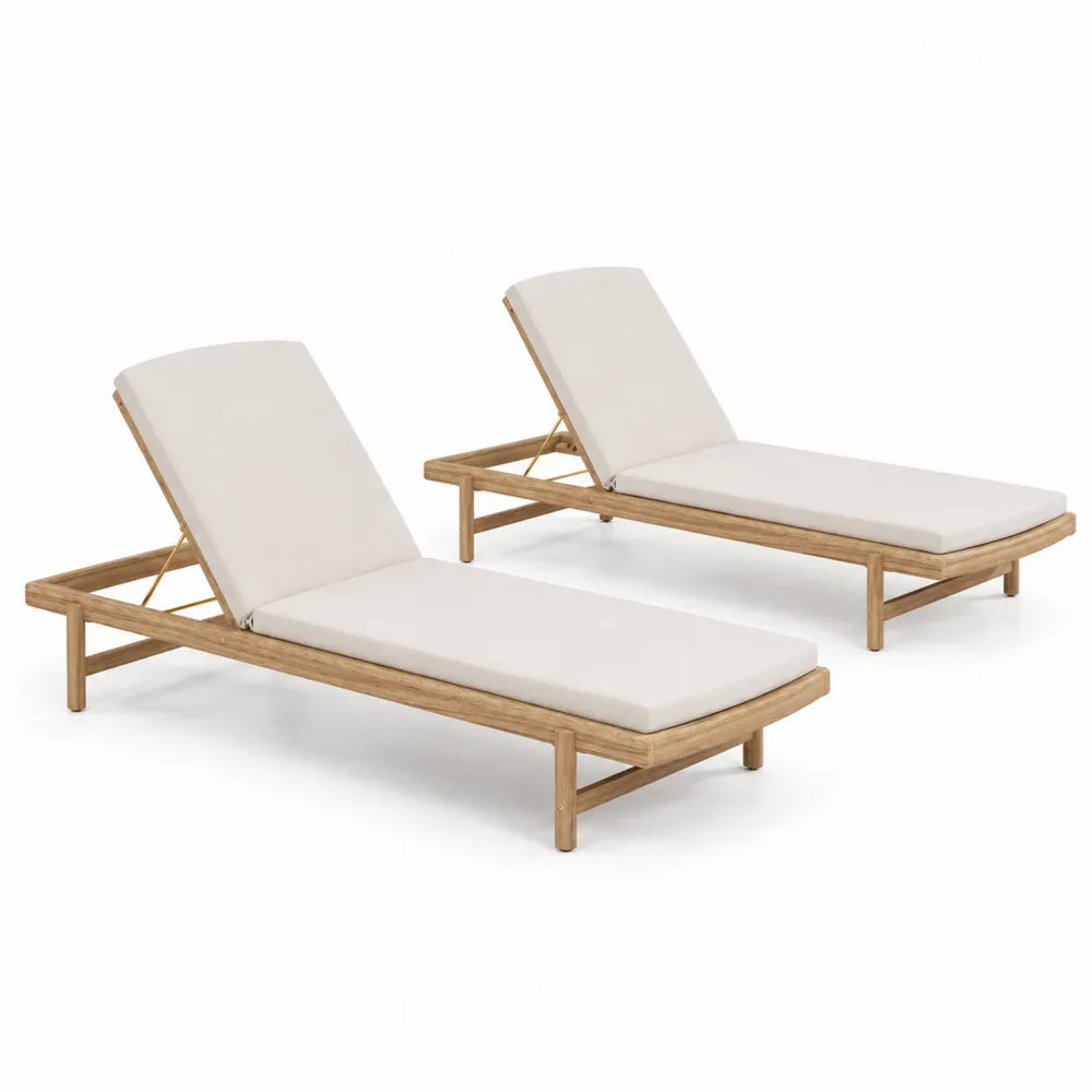 2er Set Sonnenliegen Teakholz Cremeweiß