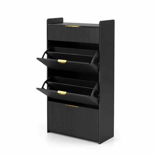 Schuhschrank Schwarz Holz mit 3 Klapptüren