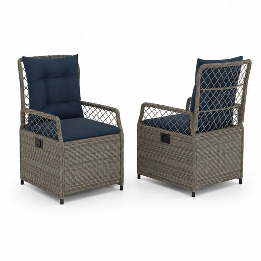 2er-Set Gartenstuhl aus Stahl und Rattan mit blauen Polyesterkissen, verstellbar