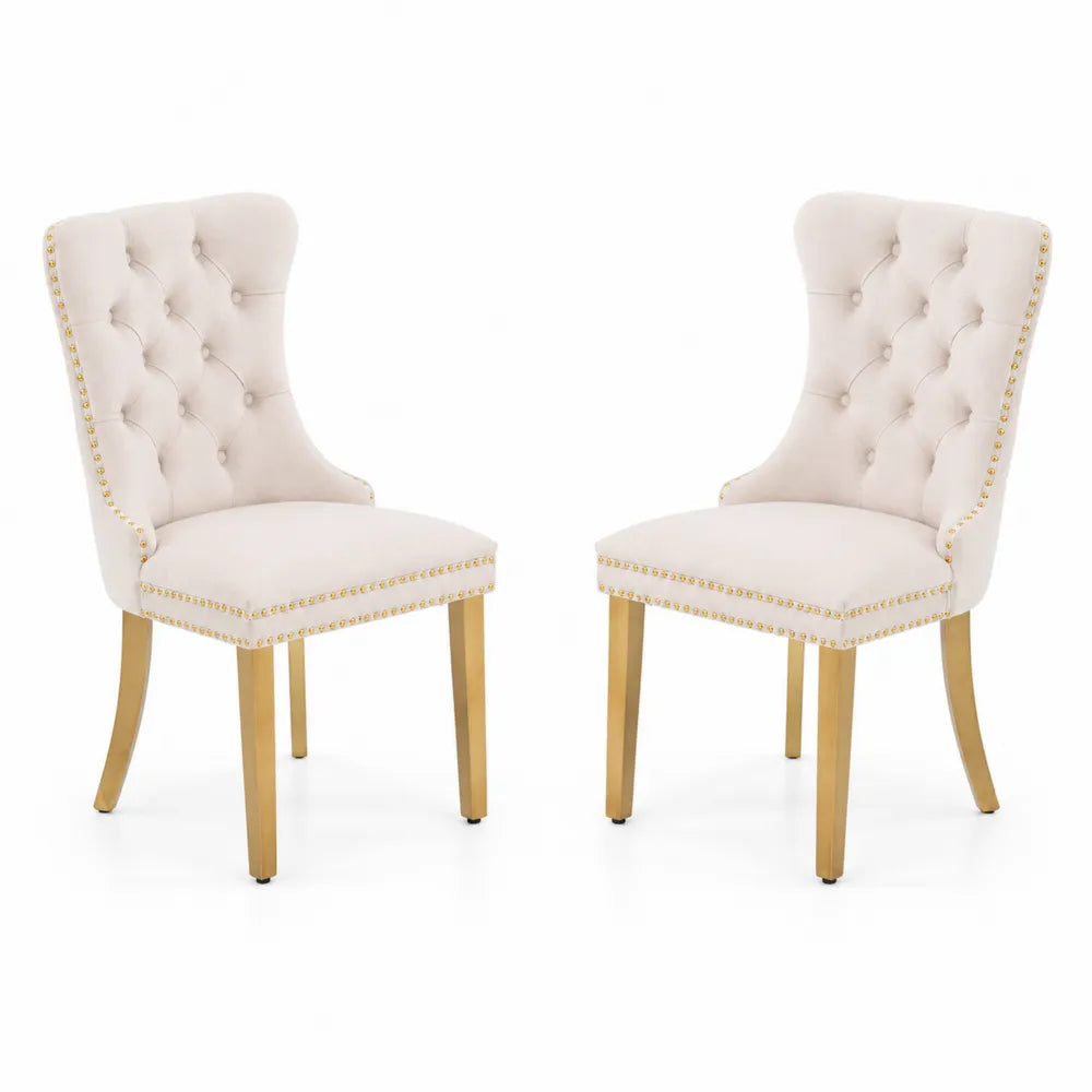 2er Set Esszimmerstühle Samt Holzbeine Beige