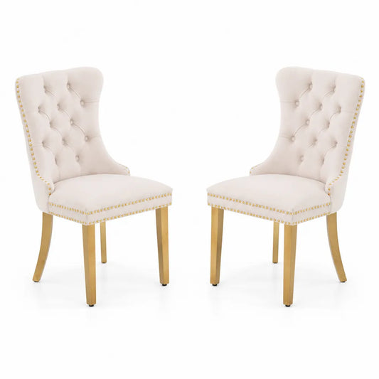 2er Set Esszimmerstühle Samt Holzbeine Beige