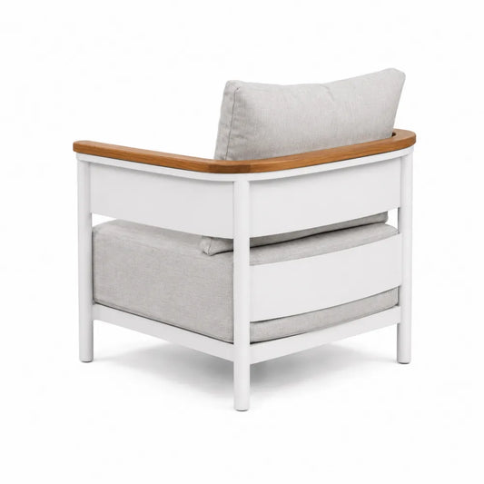 Sessel mit Holzarmlehne, Aluminium, Weiß und Beige